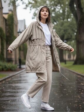 Athleta Gray Rainfall Swing Jacket Women’s Parka Hooded Vented Cinch Waist S/M